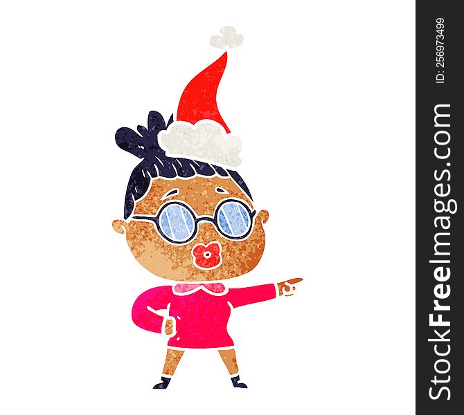 hand drawn retro cartoon of a pointing woman wearing spectacles wearing santa hat