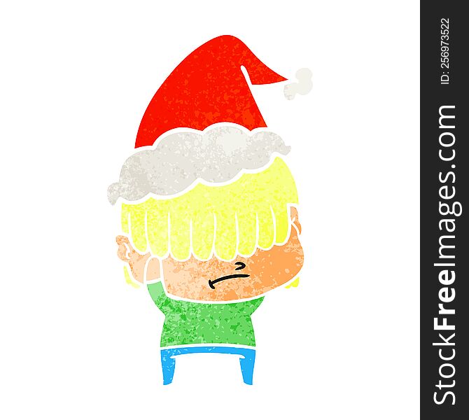 retro cartoon of a boy with untidy hair wearing santa hat