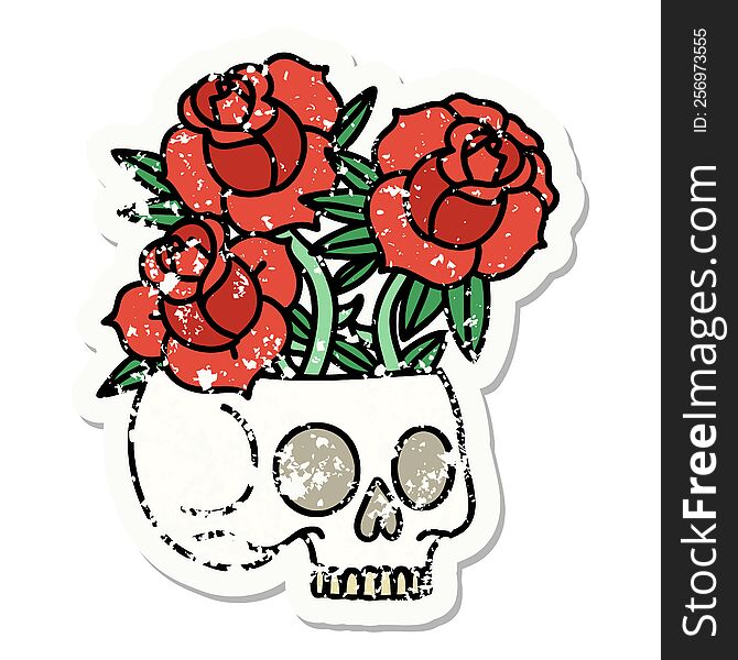 distressed sticker tattoo in traditional style of a skull and roses. distressed sticker tattoo in traditional style of a skull and roses