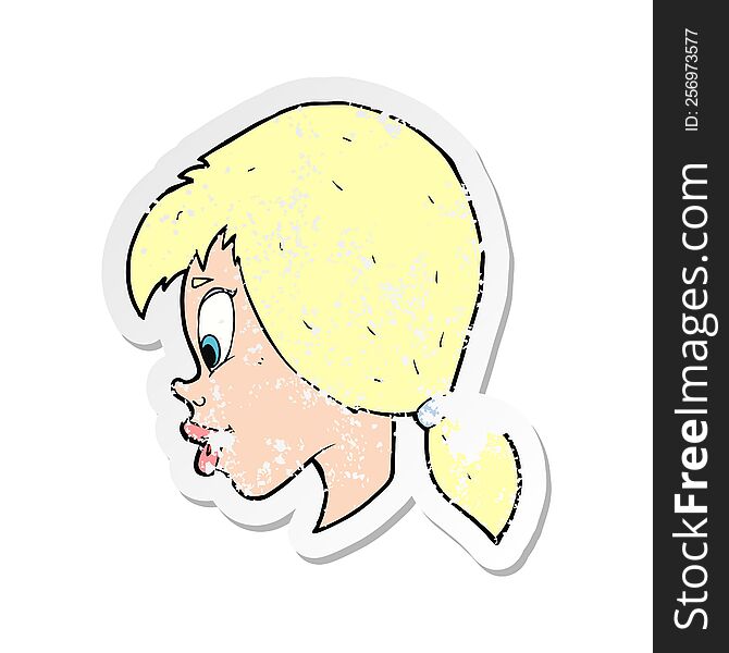 retro distressed sticker of a cartoon pretty female face