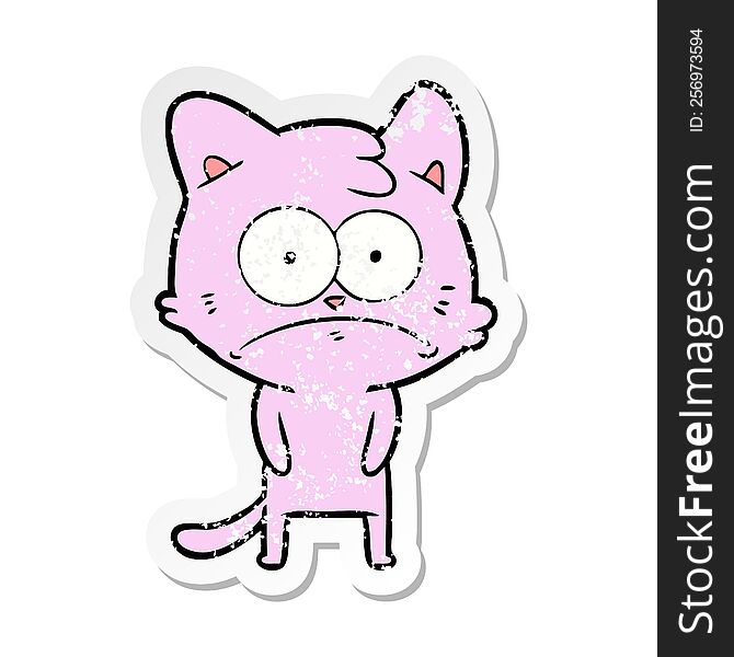Distressed Sticker Of A Cartoon Nervous Cat