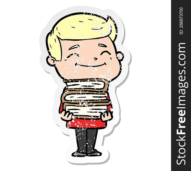 distressed sticker of a happy cartoon man with stack of books