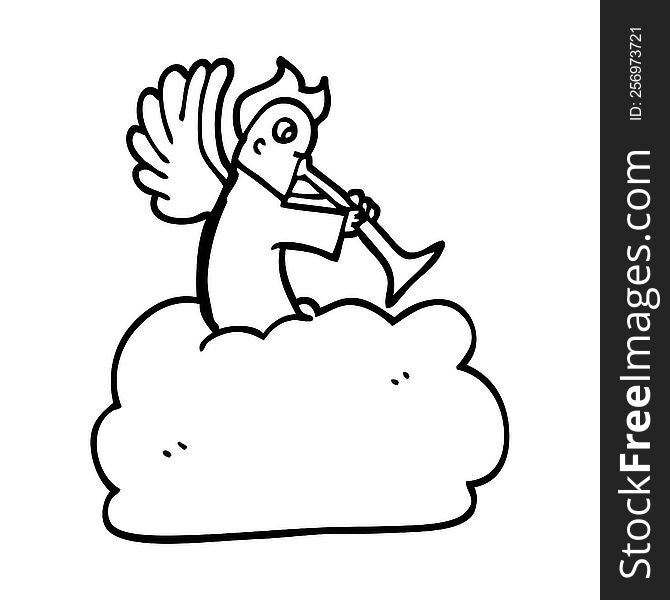 Line Drawing Cartoon Angel On Cloud With Trumpet