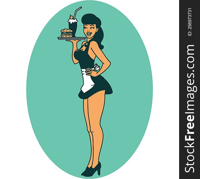 tattoo in traditional style of a pinup waitress girl. tattoo in traditional style of a pinup waitress girl