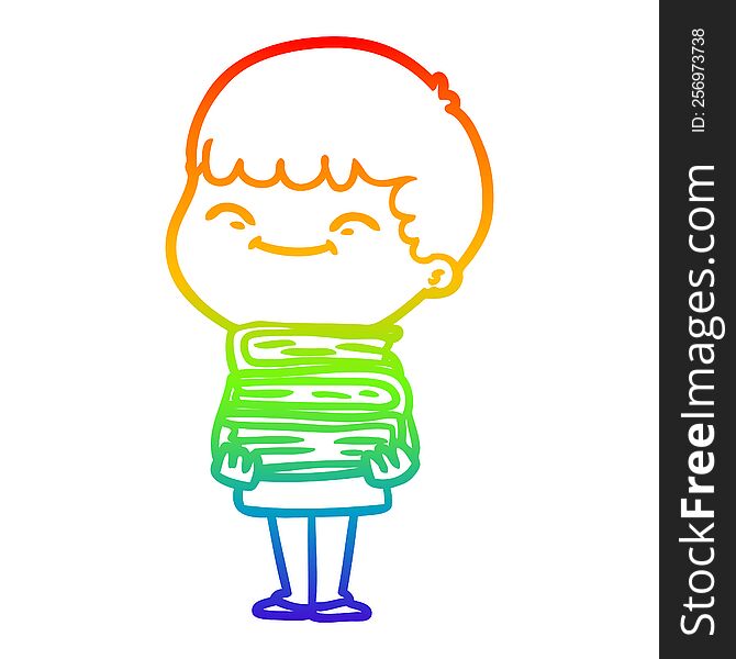 rainbow gradient line drawing cartoon happy boy with books