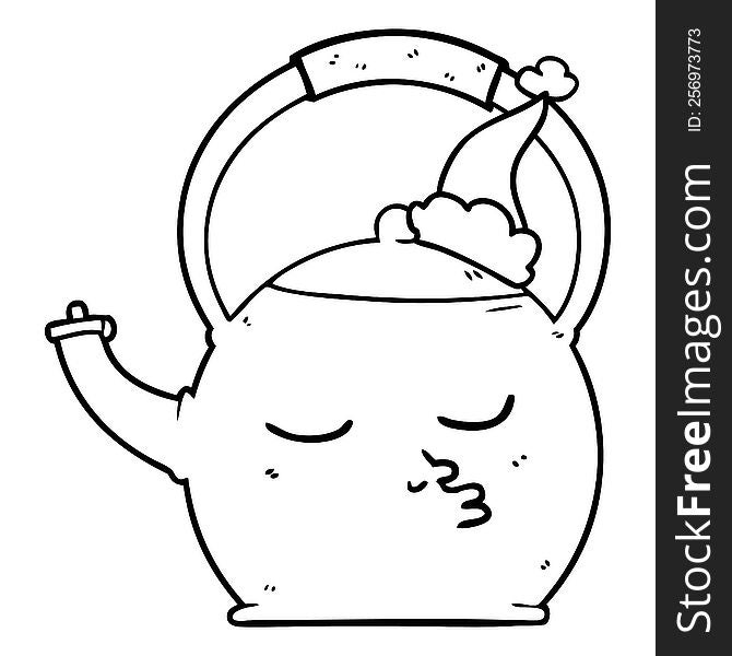 hand drawn line drawing of a kettle wearing santa hat