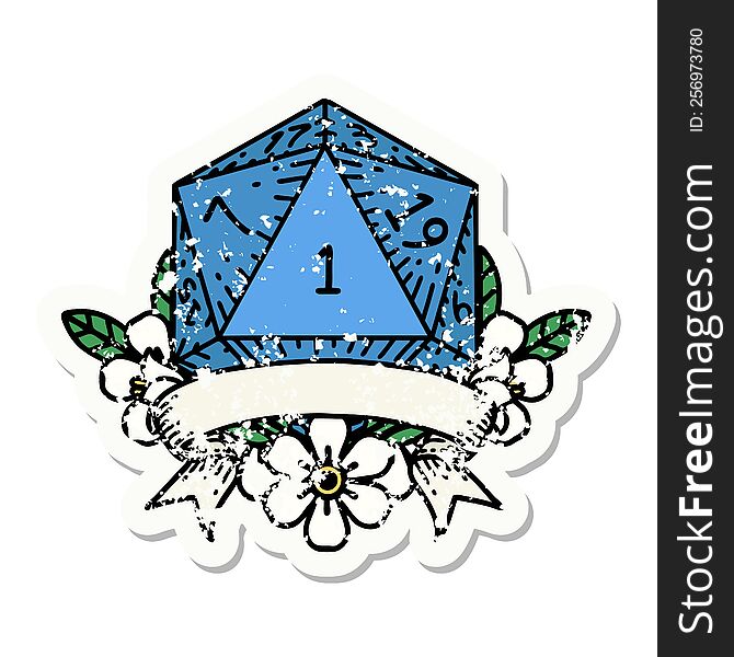 grunge sticker of a natural one d20 dice roll. grunge sticker of a natural one d20 dice roll