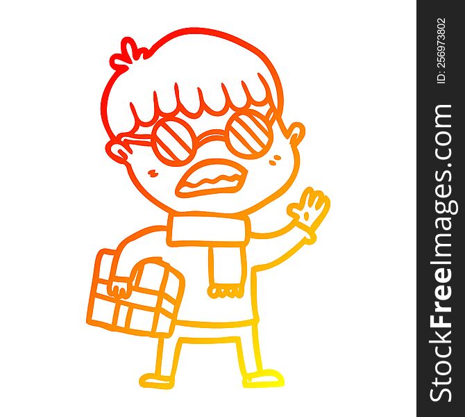 warm gradient line drawing of a cartoon boy holding gift and wearing spectacles