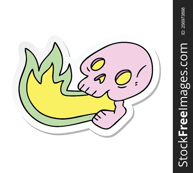 sticker of a fire breathing quirky hand drawn cartoon skull