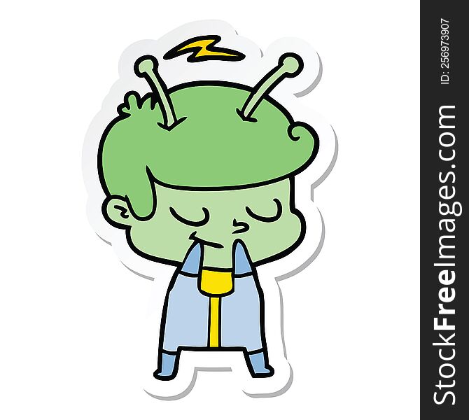 sticker of a self conscious cartoon spaceman