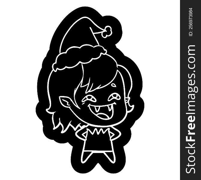 quirky cartoon icon of a laughing vampire girl wearing santa hat