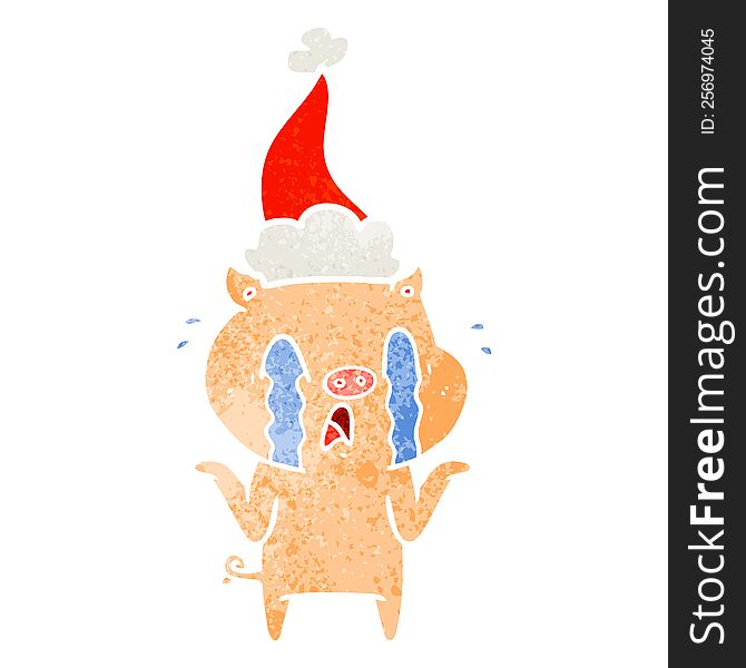 Crying Pig Retro Cartoon Of A Wearing Santa Hat