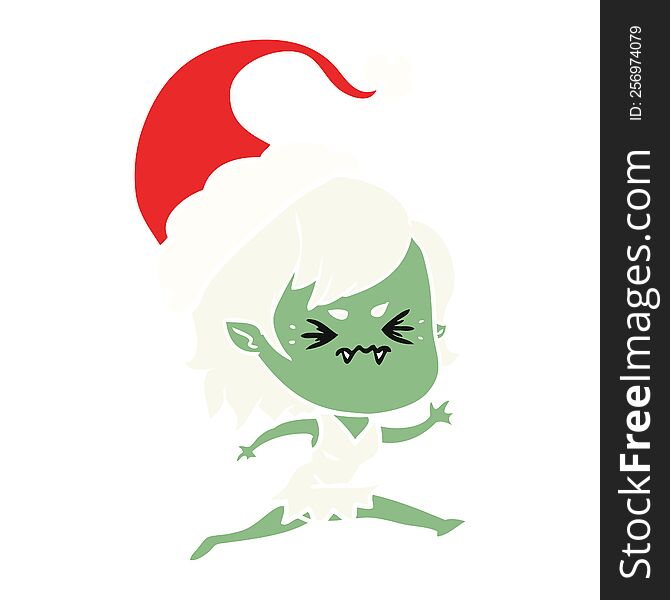 annoyed hand drawn flat color illustration of a vampire girl wearing santa hat