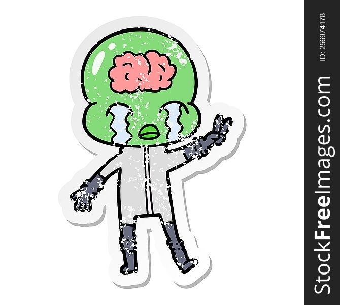 distressed sticker of a cartoon big brain alien crying and giving peace sign