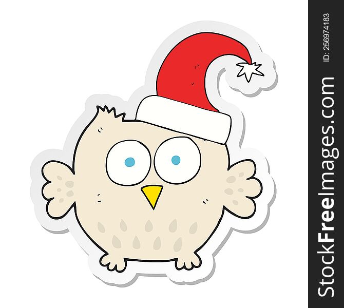 Sticker Of A Cartoon Little Owl Wearing Christmas Hat