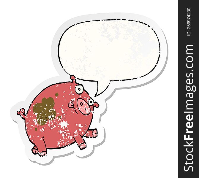 cartoon pig with speech bubble distressed distressed old sticker. cartoon pig with speech bubble distressed distressed old sticker
