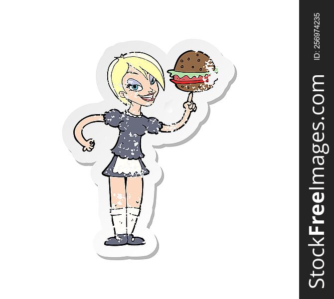 retro distressed sticker of a cartoon waitress serving a burger