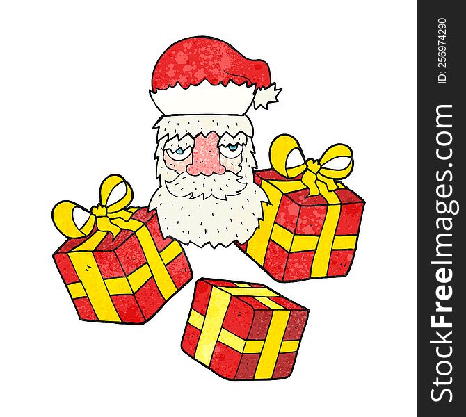 freehand drawn texture cartoon tired santa claus face with presents