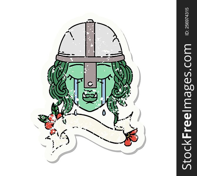 grunge sticker of a crying orc fighter character face. grunge sticker of a crying orc fighter character face