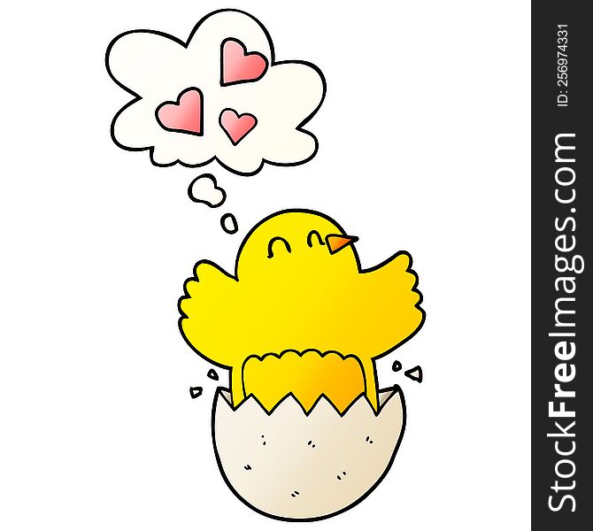 Cute Hatching Chick Cartoon And Thought Bubble In Smooth Gradient Style