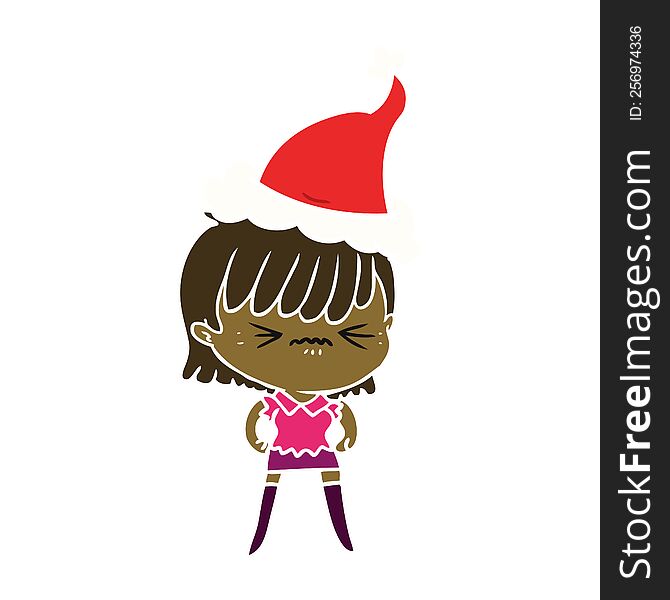 annoyed hand drawn flat color illustration of a girl wearing santa hat. annoyed hand drawn flat color illustration of a girl wearing santa hat