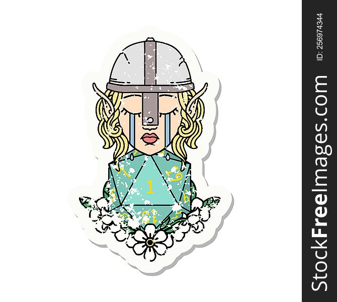 grunge sticker of a sad elf fighter character with natural one d20 roll. grunge sticker of a sad elf fighter character with natural one d20 roll