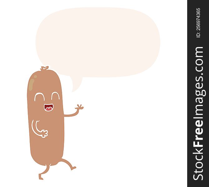 Cartoon Dancing Sausage And Speech Bubble In Retro Style