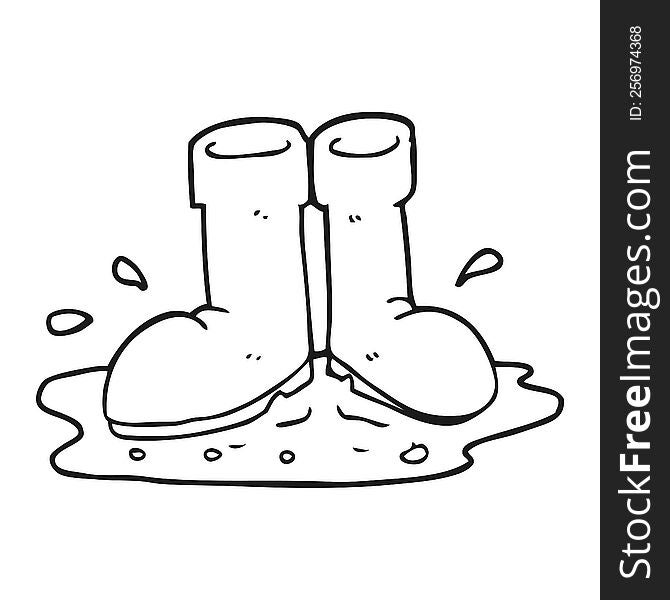 black and white cartoon wellington boots in puddle