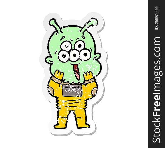 distressed sticker of a happy cartoon alien