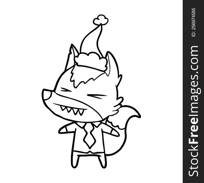 angry wolf boss hand drawn line drawing of a wearing santa hat. angry wolf boss hand drawn line drawing of a wearing santa hat