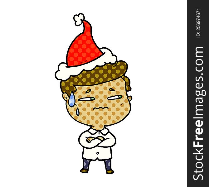 Comic Book Style Illustration Of A Anxious Man Wearing Santa Hat