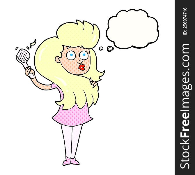 freehand drawn thought bubble cartoon woman brushing hair