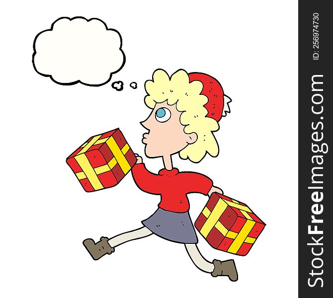 thought bubble cartoon running woman with presents