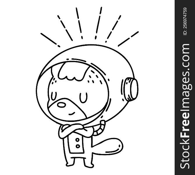 illustration of a traditional black line work tattoo style animal in astronaut suit