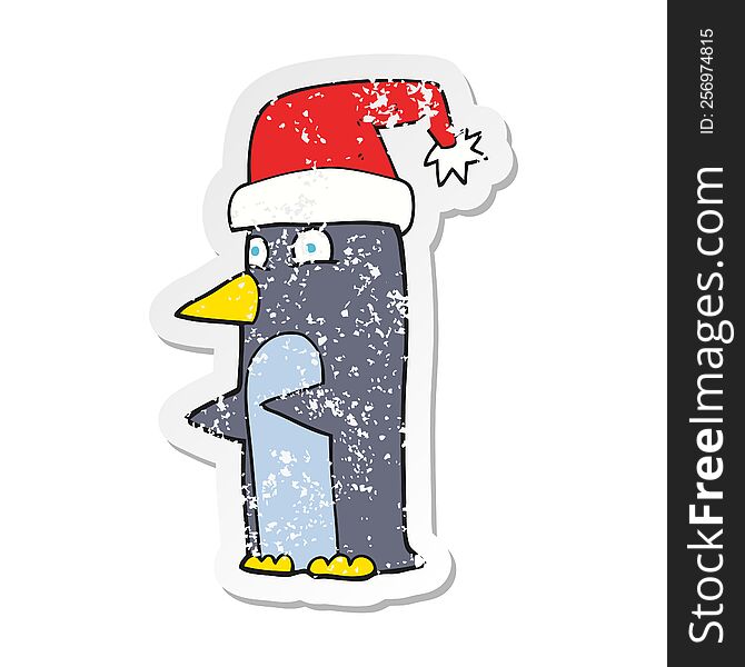 Retro Distressed Sticker Of A Cartoon Christmas Penguin