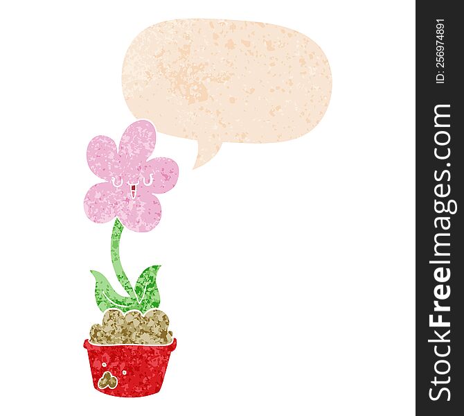 Cute Cartoon Flower And Speech Bubble In Retro Textured Style