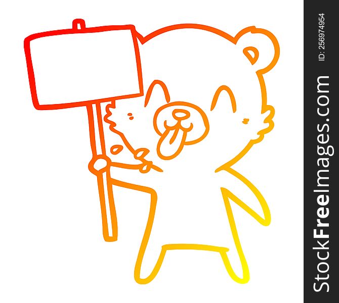 Warm Gradient Line Drawing Rude Cartoon Bear With Protest Sign