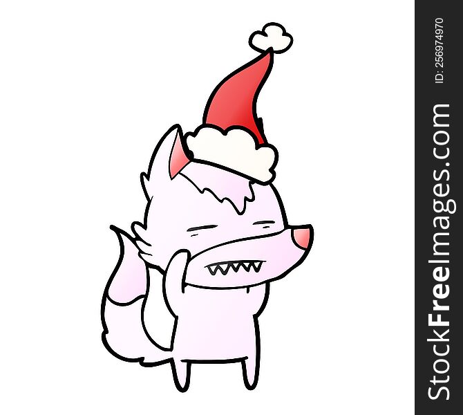 hand drawn gradient cartoon of a wolf showing teeth wearing santa hat