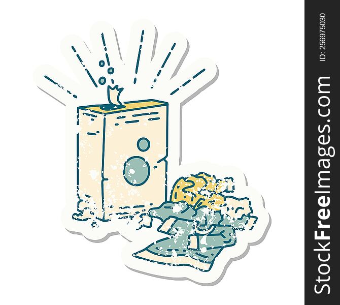 grunge sticker of tattoo style detergent and pile of clothes