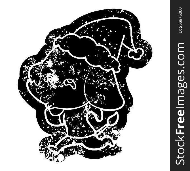 Cartoon Distressed Icon Of A Elephant Remembering Wearing Santa Hat