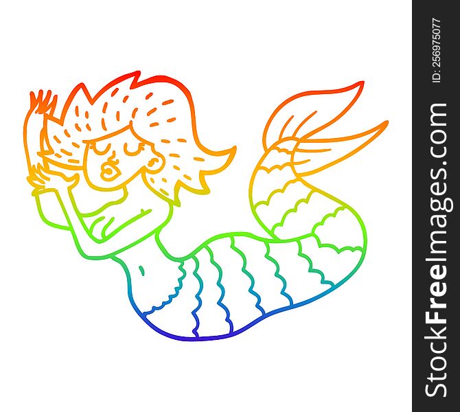 rainbow gradient line drawing of a cartoon woman mermaid