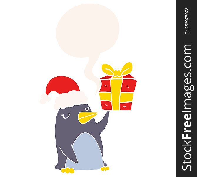 cartoon penguin and christmas present and speech bubble in retro style