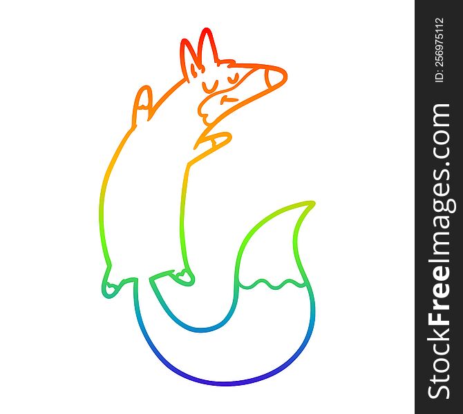 rainbow gradient line drawing of a cartoon jumping fox