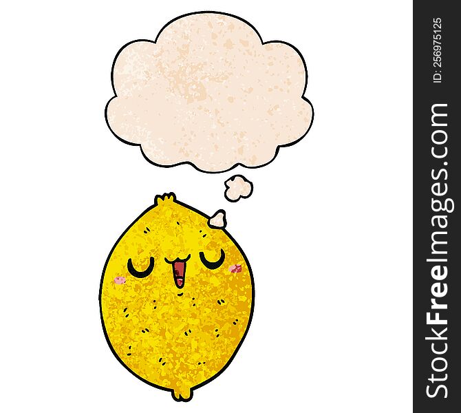 Cartoon Happy Lemon And Thought Bubble In Grunge Texture Pattern Style