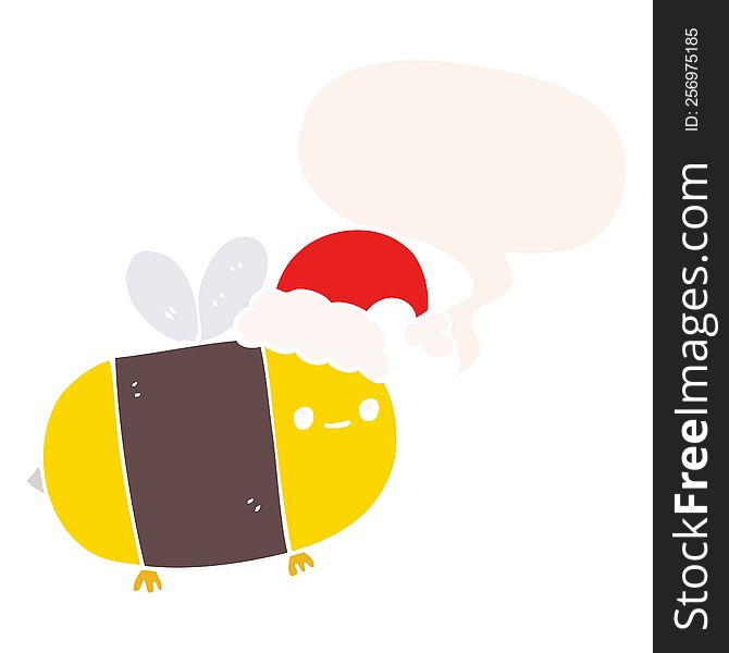 cartoon christmas bee with speech bubble in retro style