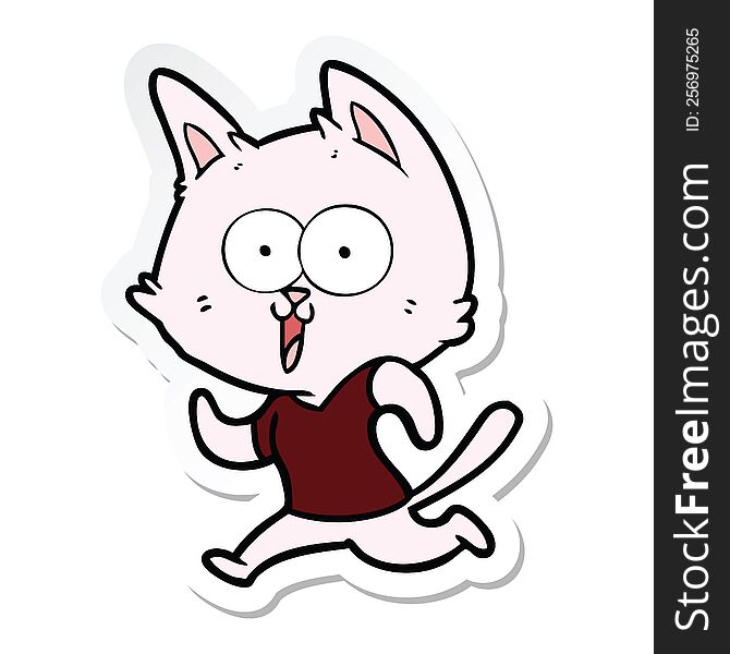 sticker of a funny cartoon cat jogging
