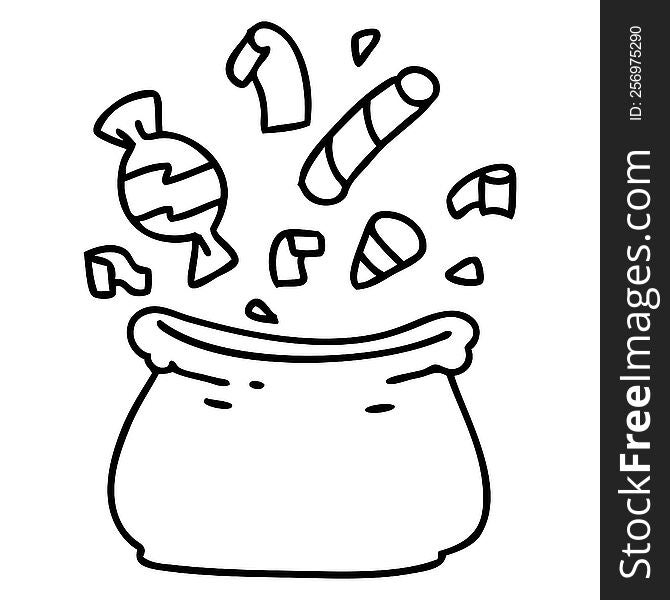 line doodle of a halloween candy bag full of treats. line doodle of a halloween candy bag full of treats