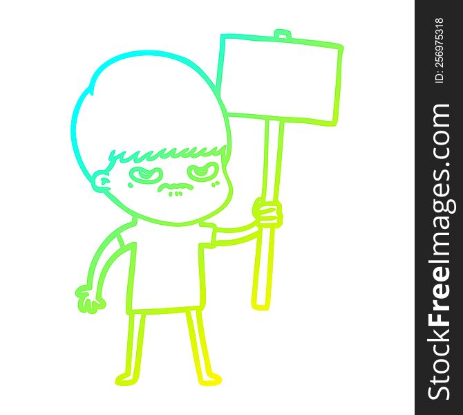 cold gradient line drawing of a angry cartoon boy protesting