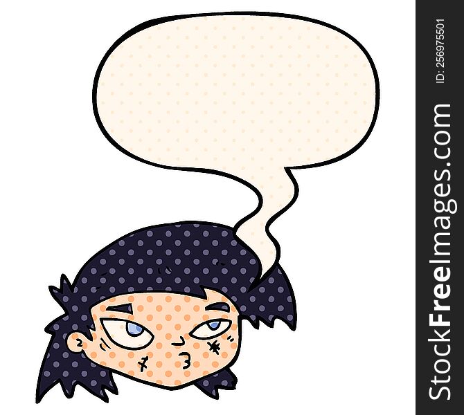 cartoon scratched up face and speech bubble in comic book style