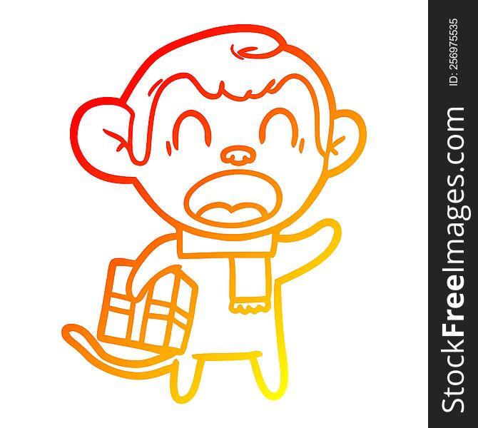 warm gradient line drawing of a shouting cartoon monkey carrying christmas gift